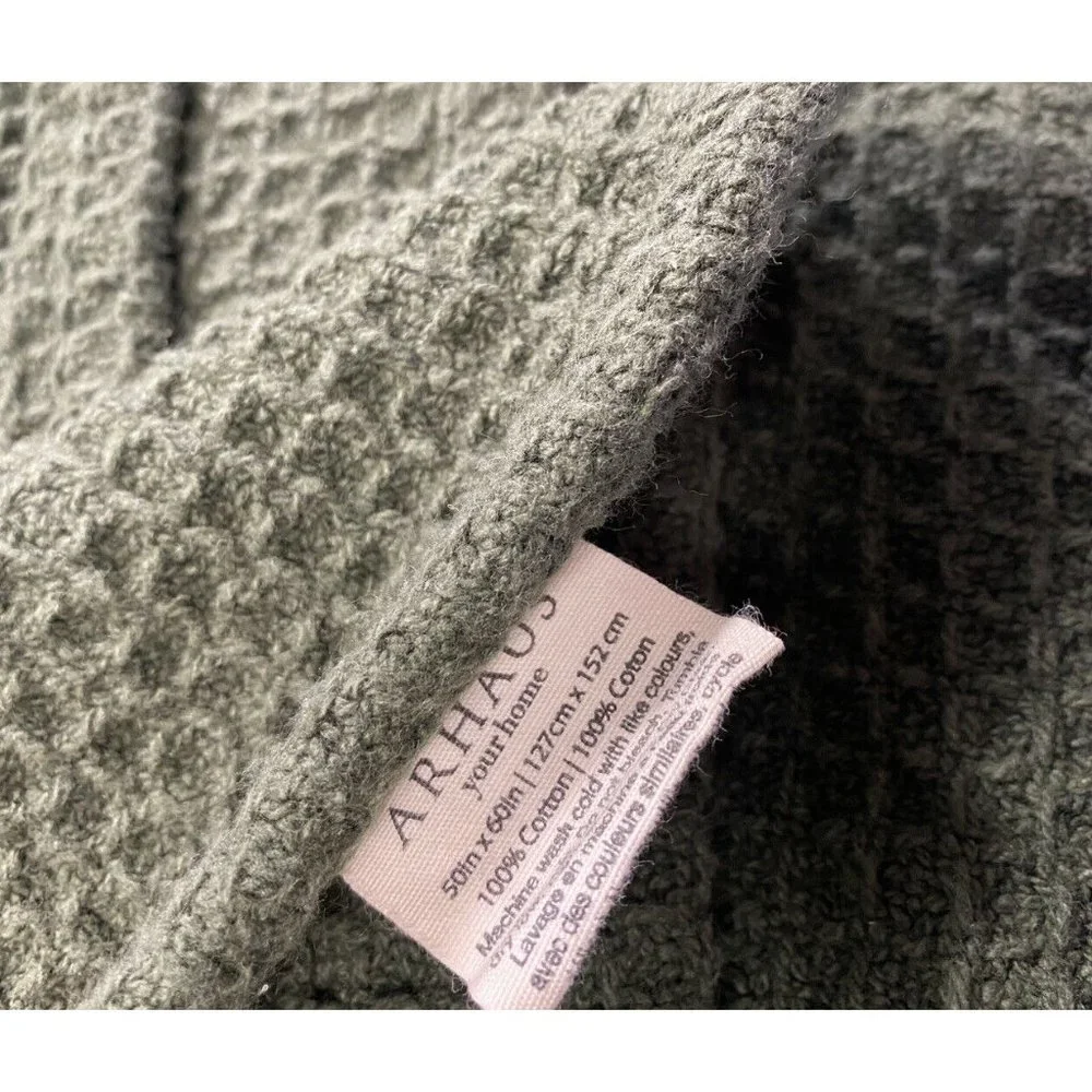 Arhaus Home Luxury Waffle Knit Blanket Throw Cover Quilt Dark Green Cotton 50x60 - Picture 6 of 6